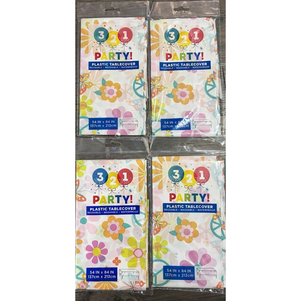Lot of 4 Peace Birthday Plastic Tablecovers 54x84 Floral Party Reusable Washable